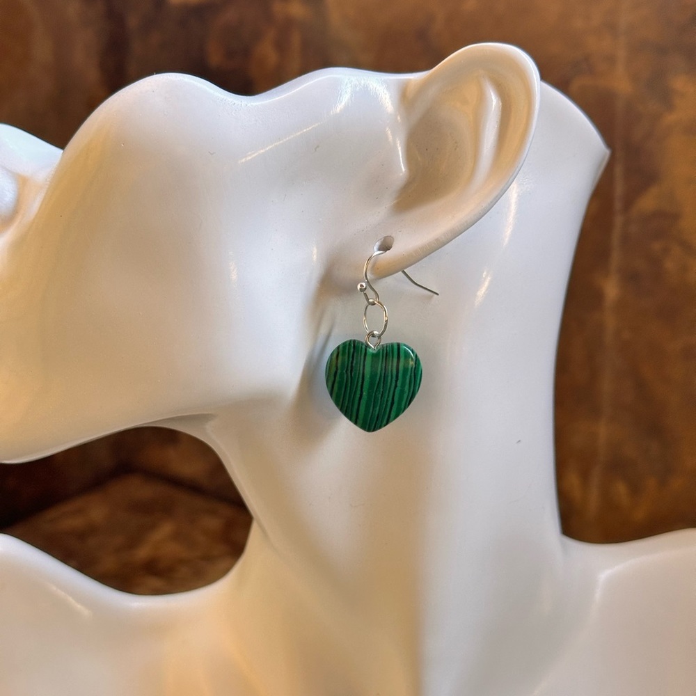 Silver Heart Malachite Stone Earrings